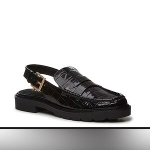 Anne Klein Black Patent Loafers with Gold Buckle